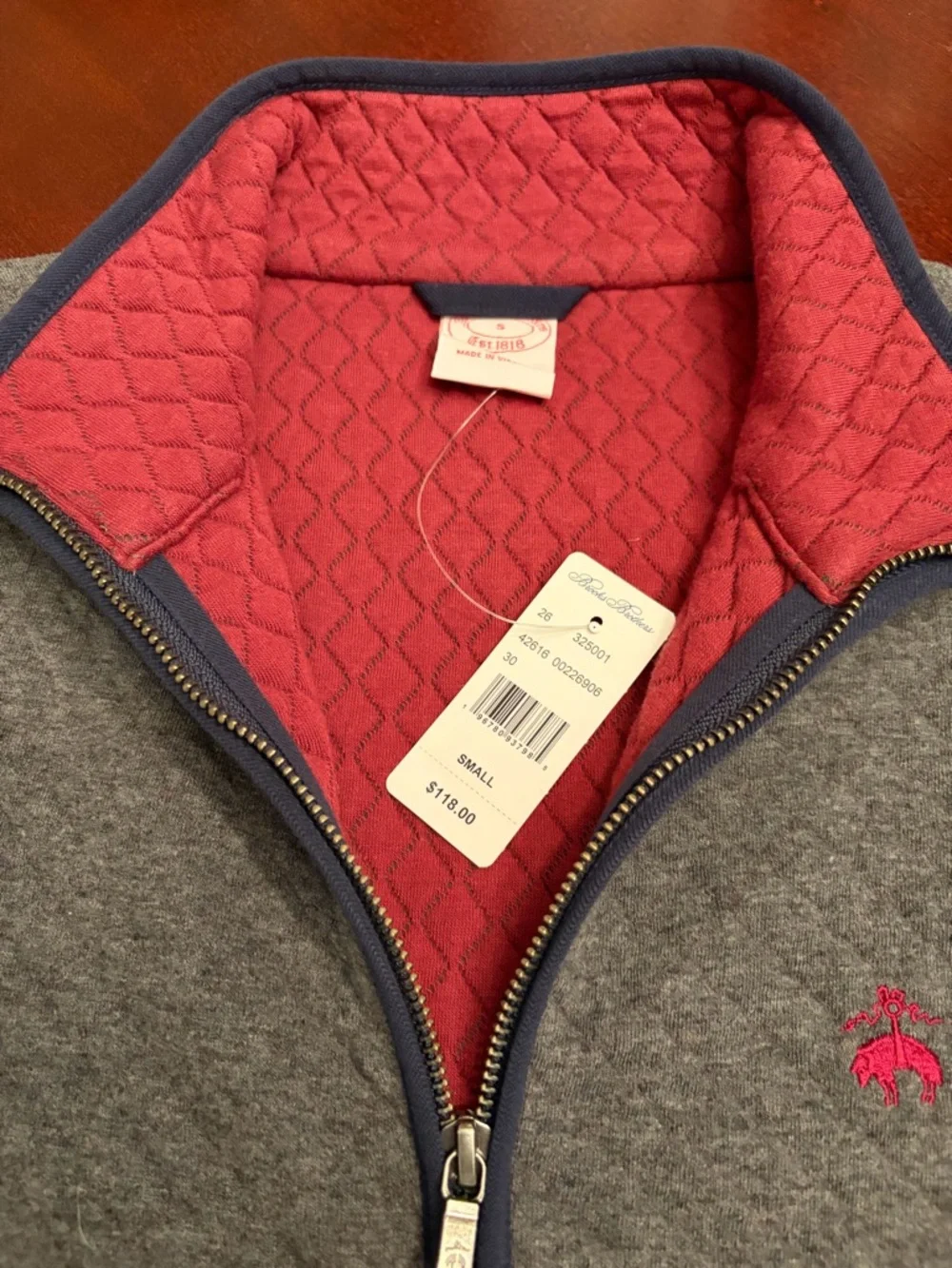 Brooks Brothers Gray Quilted‎ Full-Zip Vest with Navy Trim - NEW WITH TAGS